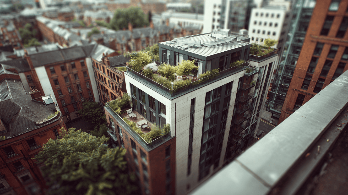 Bird’s-eye view of a modern apartment building with rooftop gardens and terraces surrounded by older red-brick buildings in an urban cityscape. The image shows greenery on multiple levels of the contemporary building, contrasting with the traditional architecture nearby.