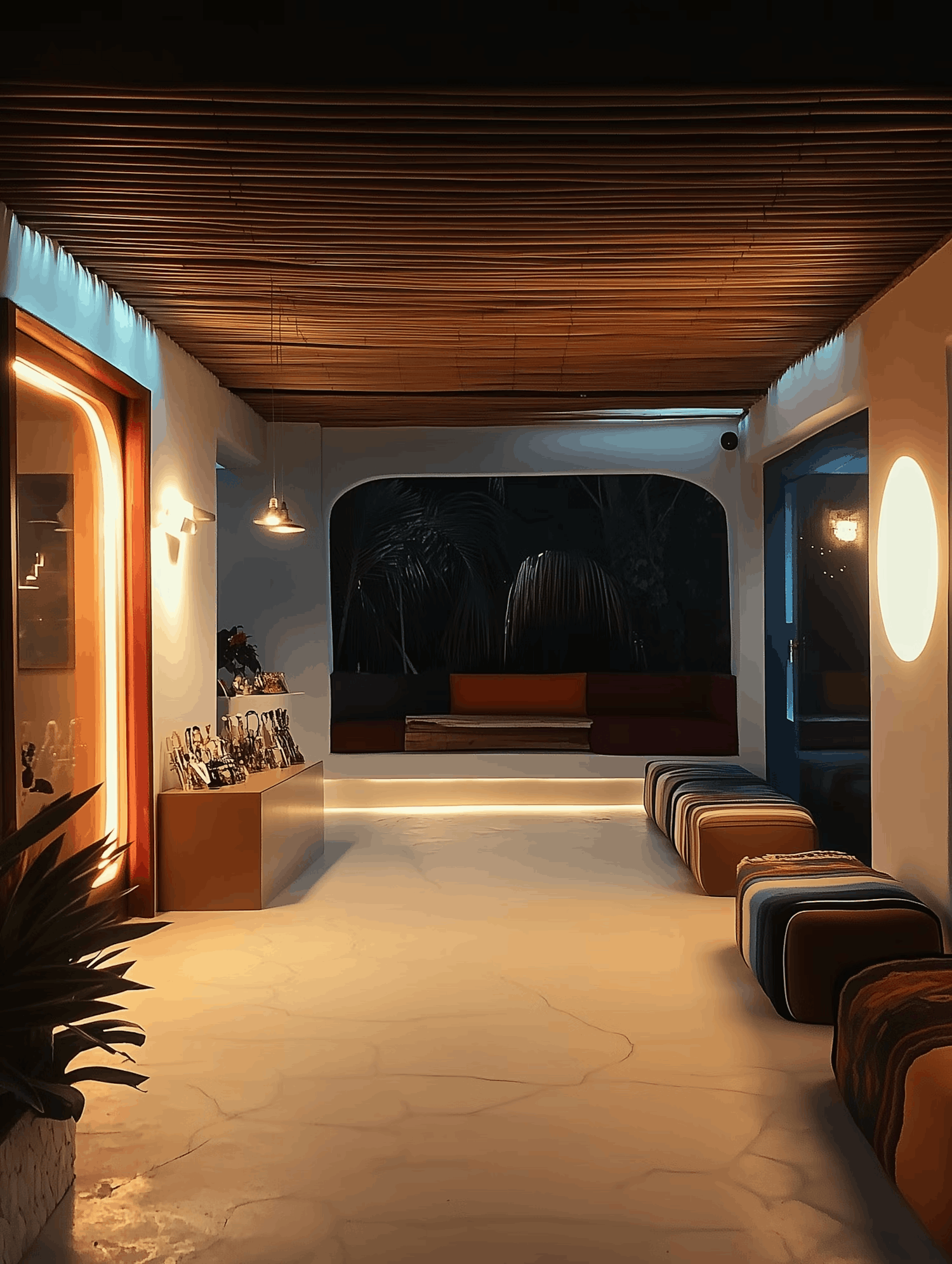 Warmly lit modern interior with wood ceiling and striped seating.