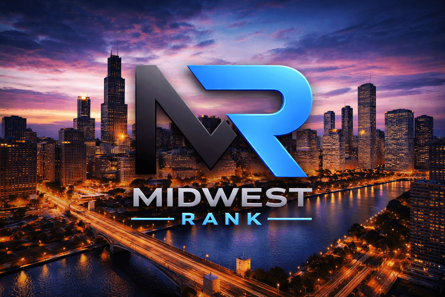 Chicago skyline with Midwest Rank logo – local SEO services for Chicago businesses