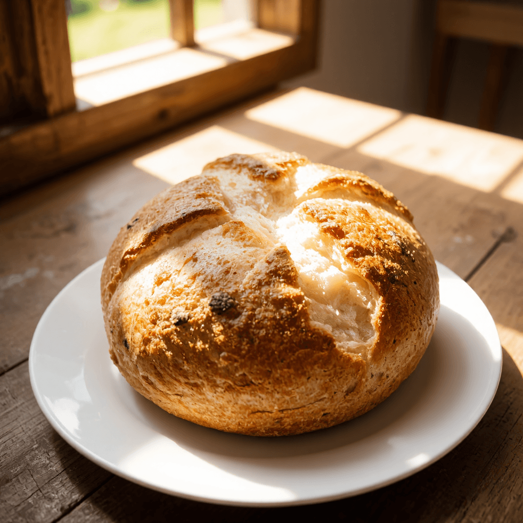 product photography of a round loaf of bread with cheese filling