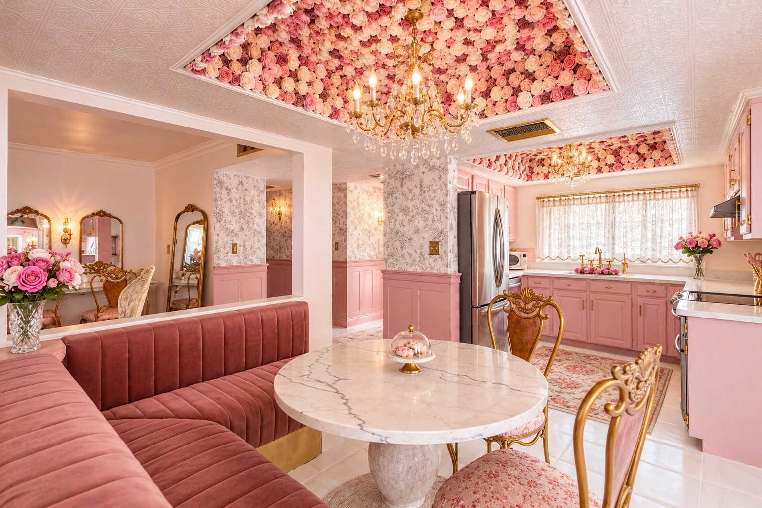 A breakfast table and pink banquette beneath a floral ceiling, just off the kitchen.