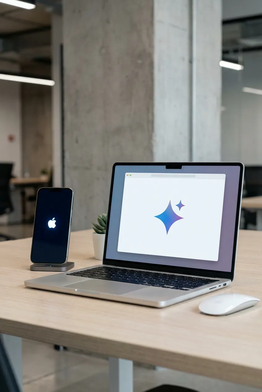A smartphone showing the Apple logo next to a computer running the Gemini AI interface