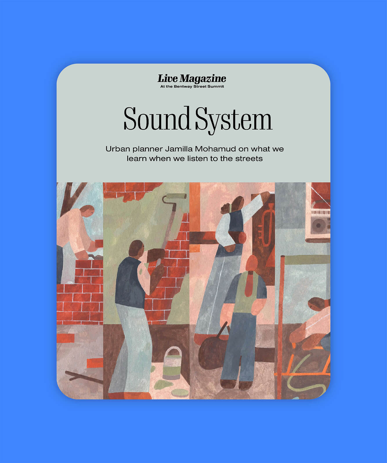 A graphic for the "Sound System" featured story with an illustration of city workers.