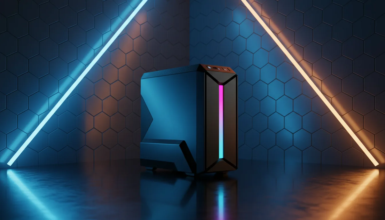 Product shot of a futuristic black gaming PC tower with an angular design, carbon fiber accents, and a vertical RGB light strip showing a magenta and cyan gradient. The PC is centered on a dark, highly reflective floor against a corner backdrop of glossy blue tiles. The scene is framed by large, glowing neon light tubes forming a triangle: a vibrant blue light on the left and a warm orange-yellow light on the right. Cinematic contrast lighting, studio backdrop, sharp focus, 3D render.