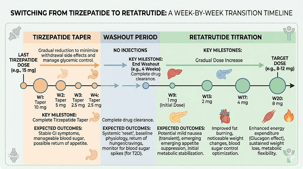 Complete week-by-week timeline for switching from tirzepatide to retatrutide
