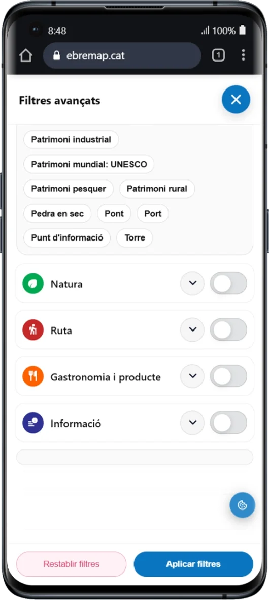 Filtres avançats a EbreMap en mòbil