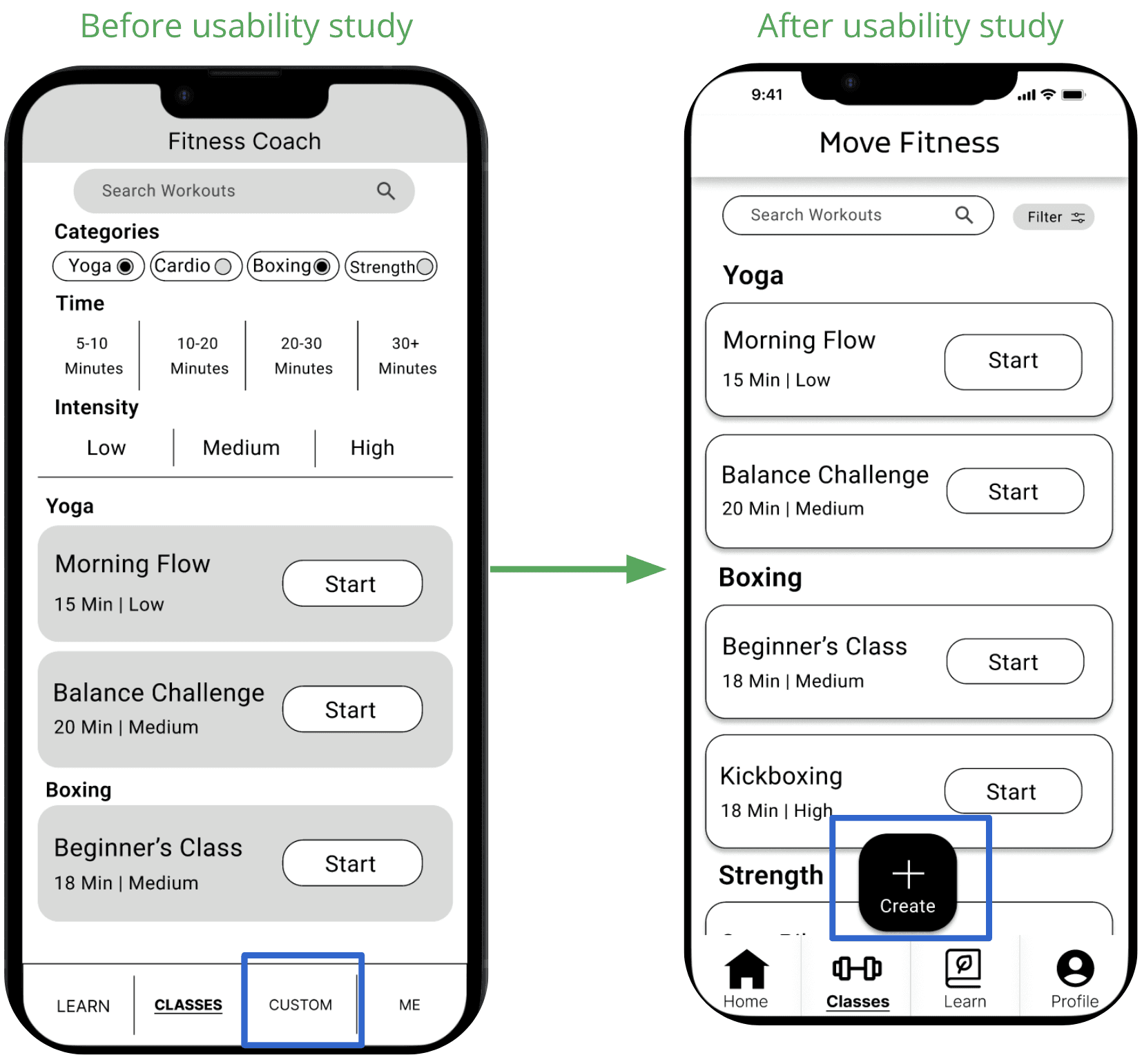 Before usability study, mobile screen had a customize button at the bottom of the screen, but after the usability study that custom button is removed and replaced with a floating action button to create a custom class when on the Classes tab.