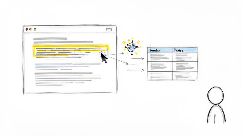 An illustration showing a cursor selecting text from a webpage, processed by an AI bot into a structured table for a user.