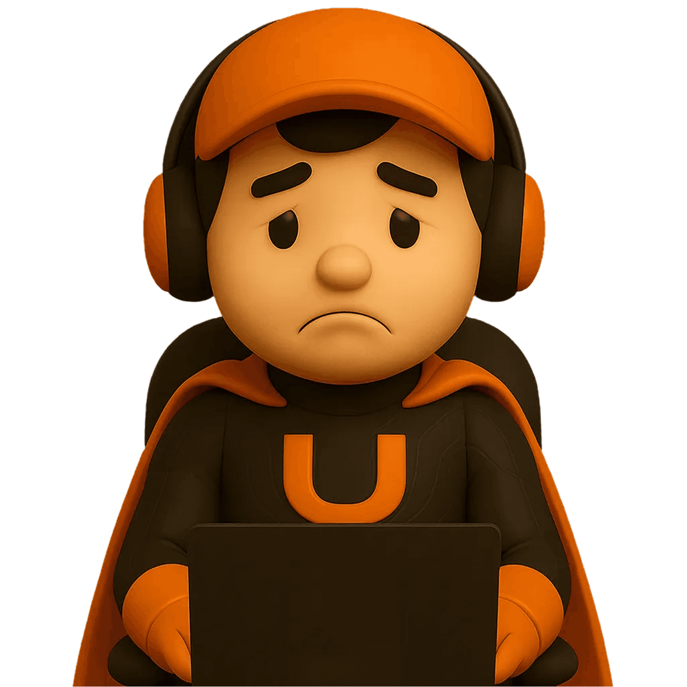 Mascot looks depresed while using laptop