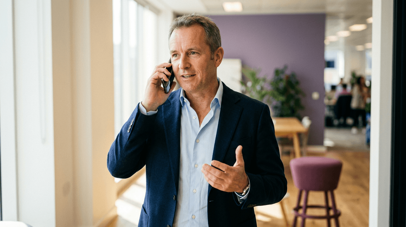 Communications leader responding in real time on a phone call in a modern office, acting on an emerging story