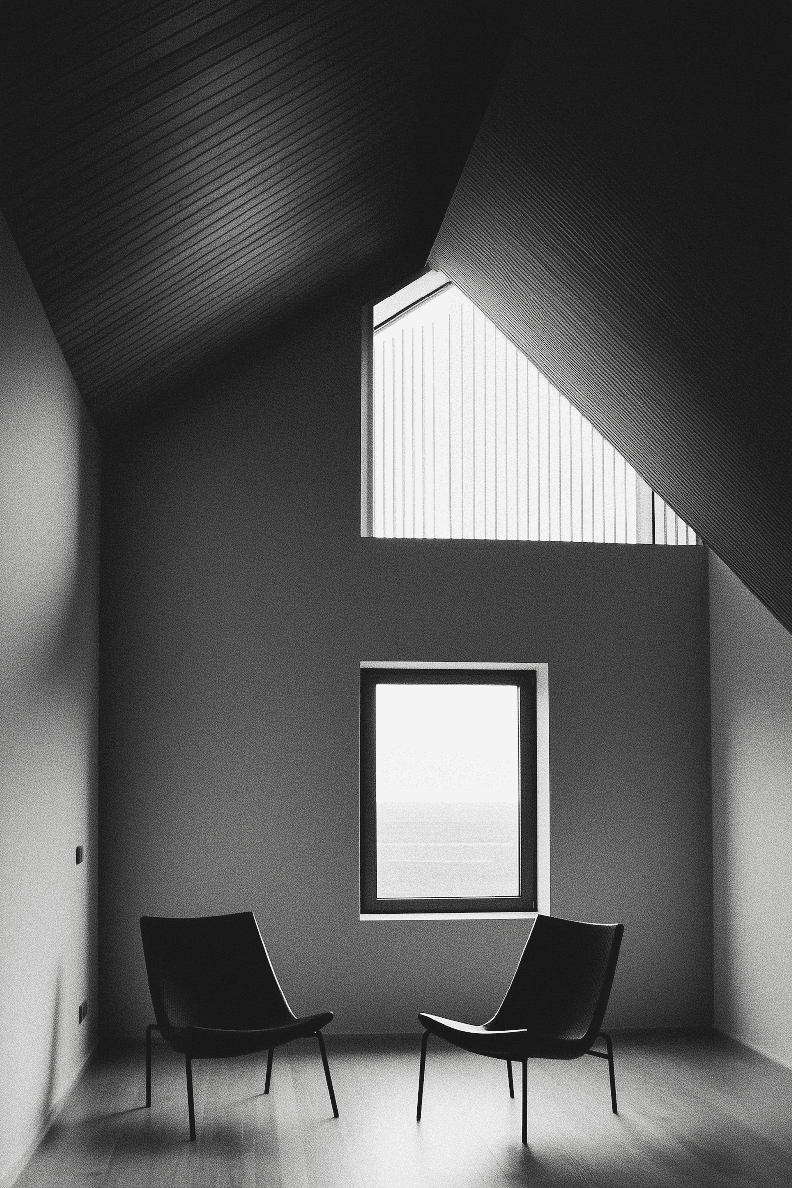 Room with vaulted ceiling, skylight detail, window with natural light, and two modern black chairs