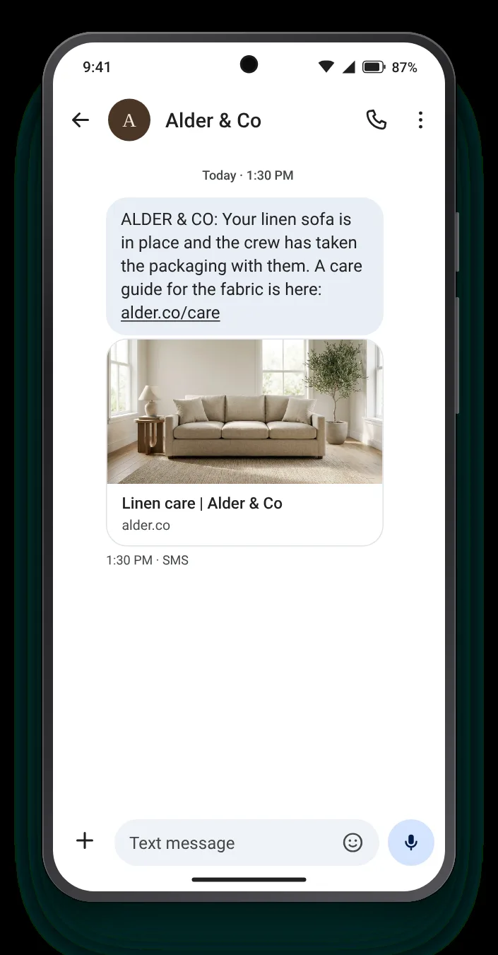 Furniture set up, packaging gone delivery confirmation text on an Android phone