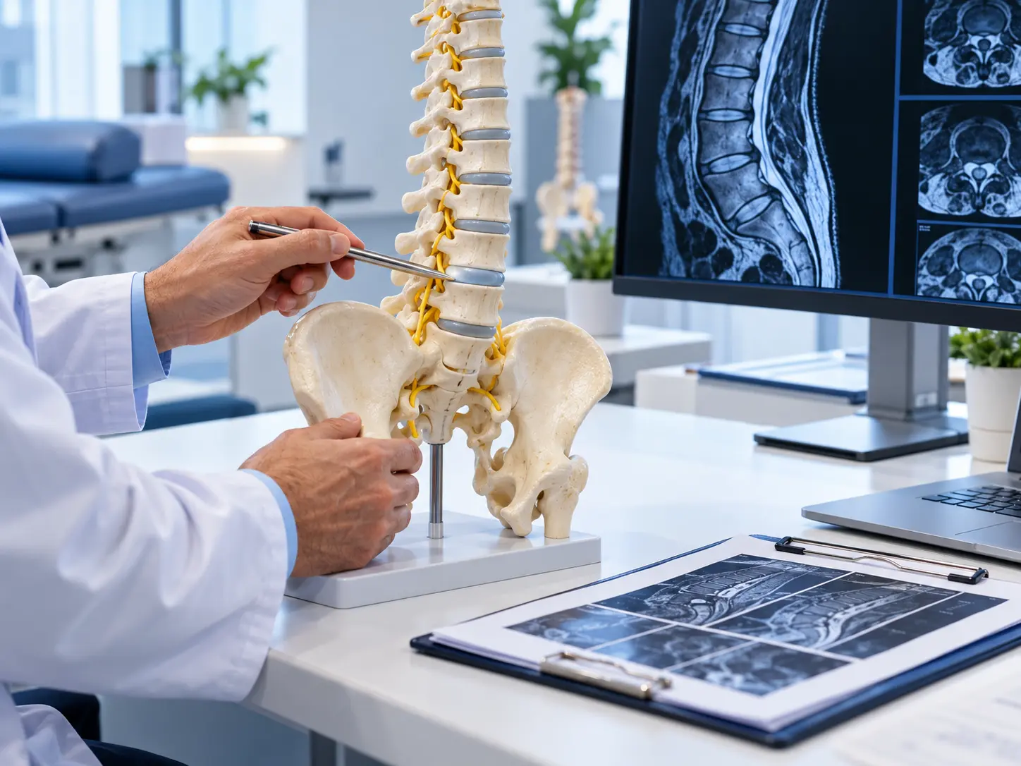 Pain management consultation with spine imaging in a modern clinic