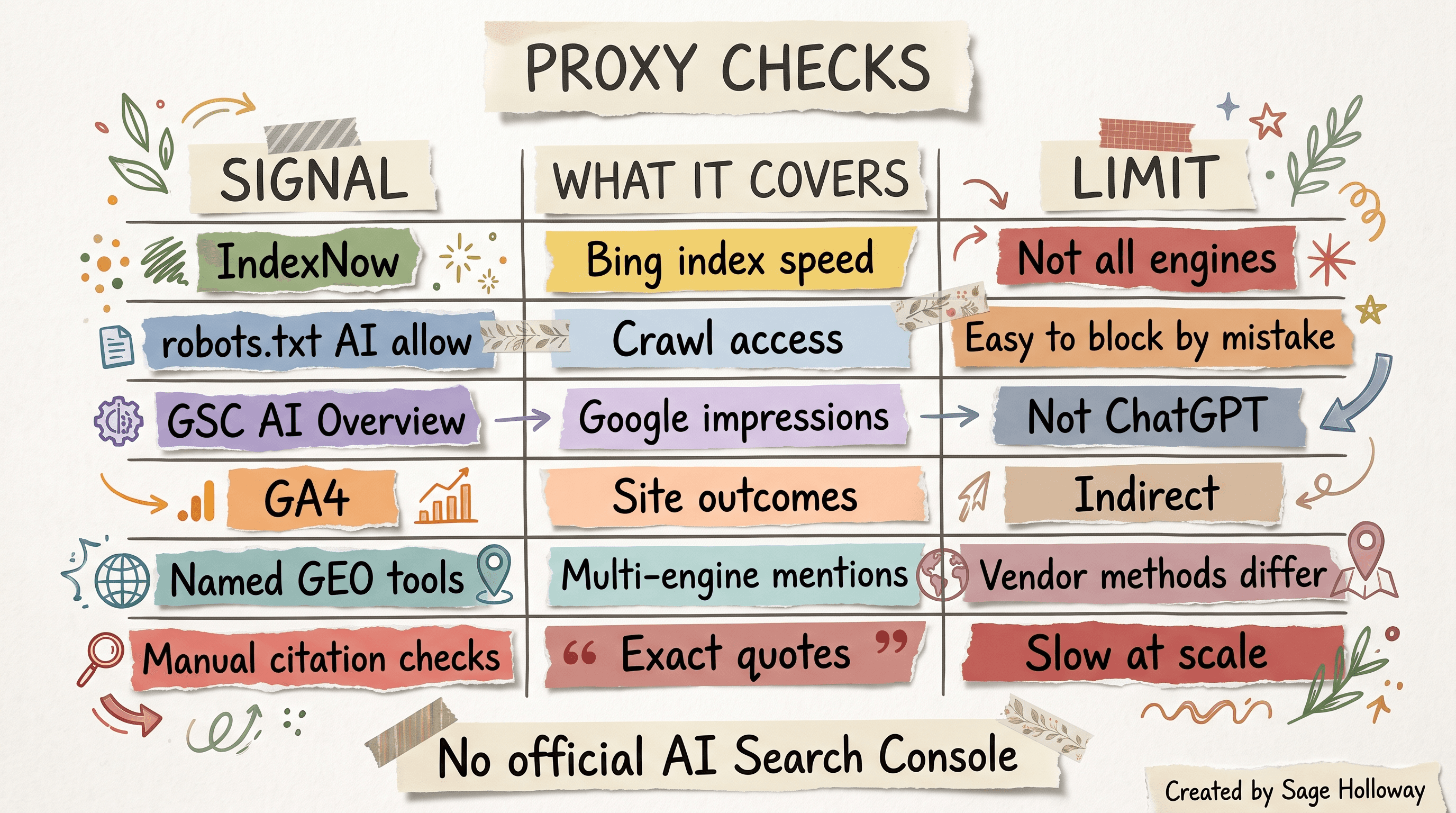 Table of multi-engine LLM visibility proxies including GSC AI Overview, GA4, and named audit tools