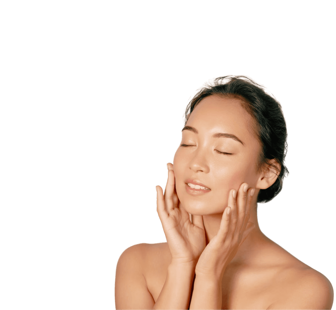 Woman with closed eyes touching her soft face