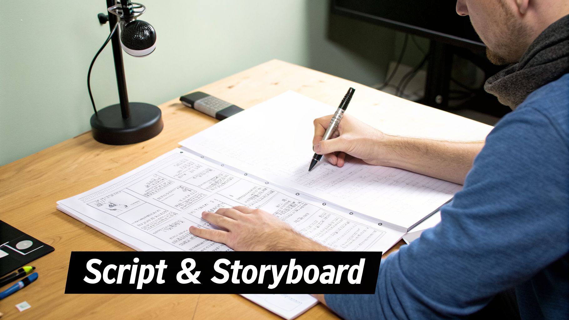 A person writes on a script or storyboard document at a wooden desk, planning out a project.