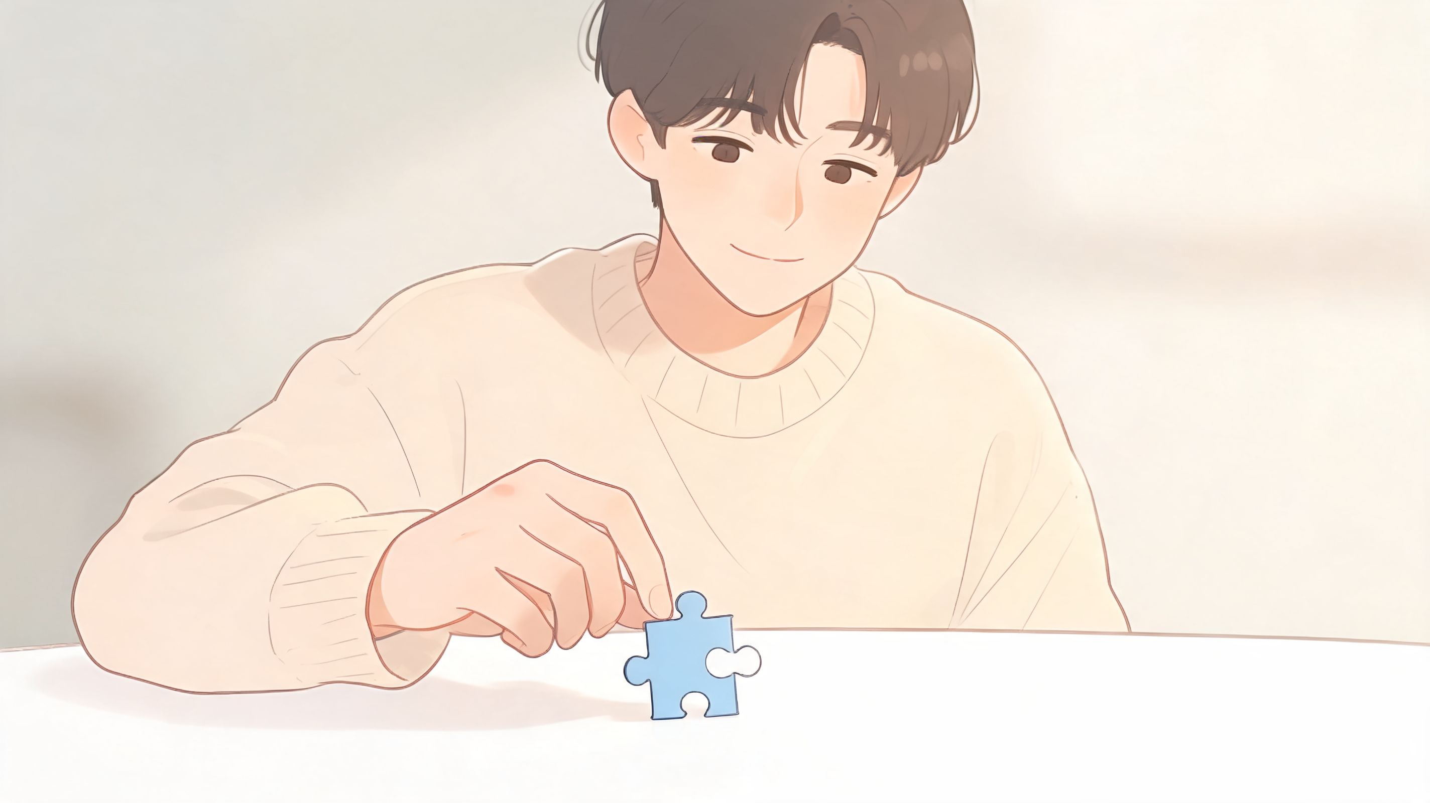 A young man with dark hair smiling while focusing on placing a single light blue puzzle piece.