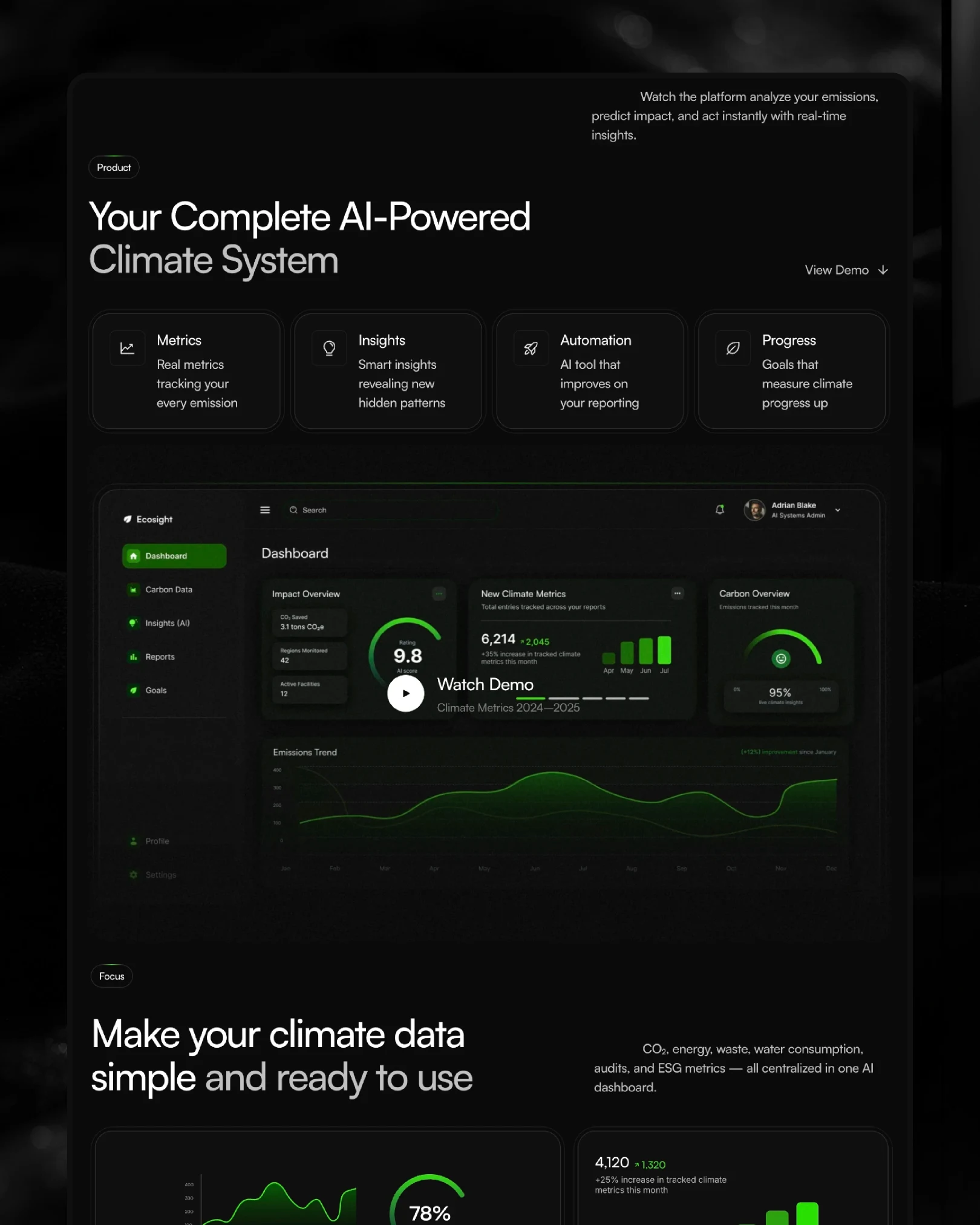 Ecosight product and focus sections, AI climate system layout — web design by Luna UI design studio