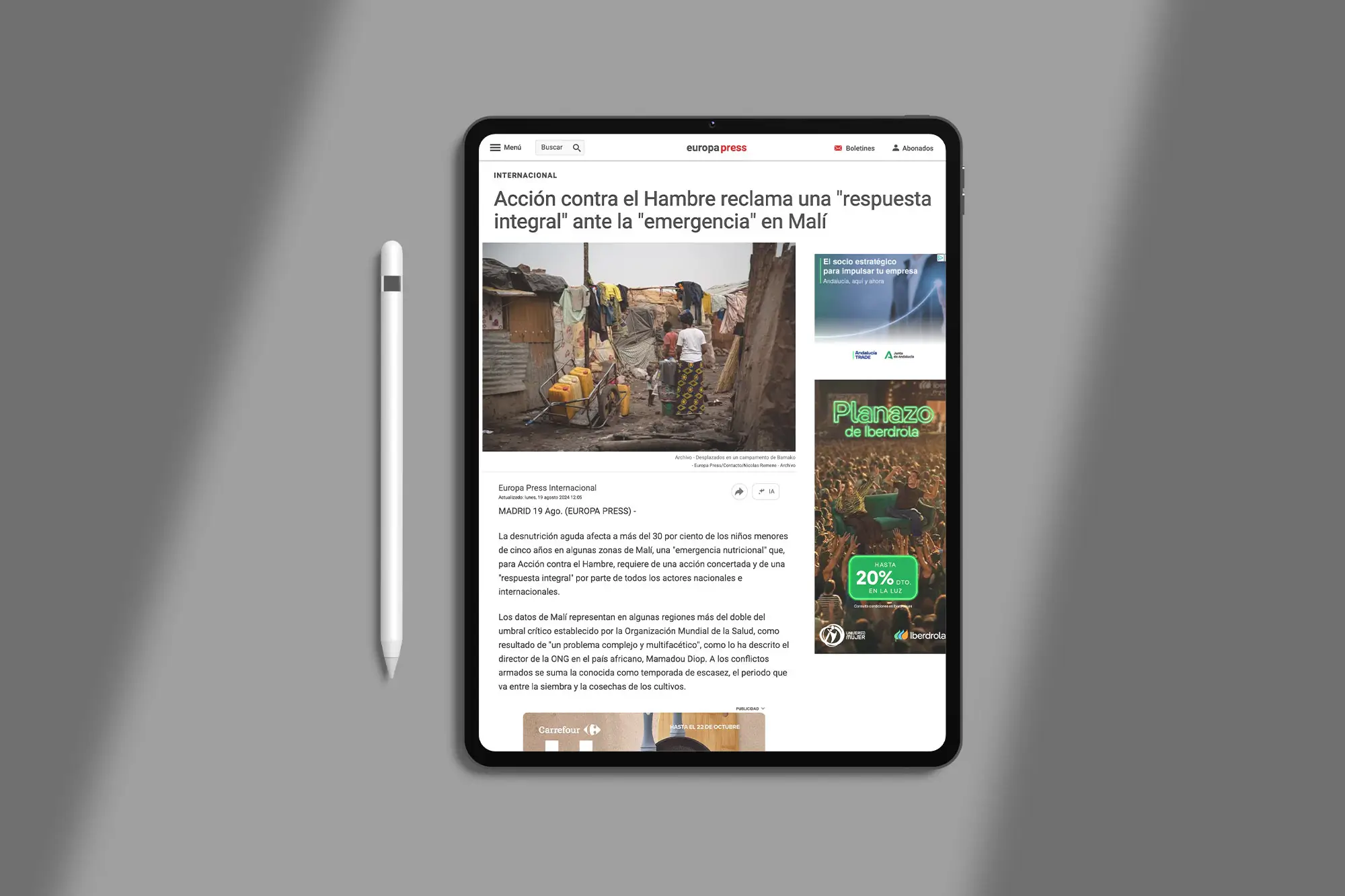 Portfolio Thankium: Artículo en tableta sobre la respuesta integral ante la emergencia en Malí por Acción contra el Hambre.
