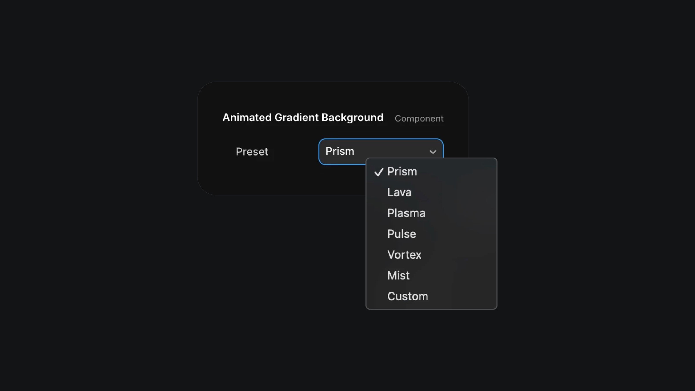 Dropdown menu for 'Animated Gradient Background' settings with 'Prism' selected and options like Lava, Plasma, Pulse