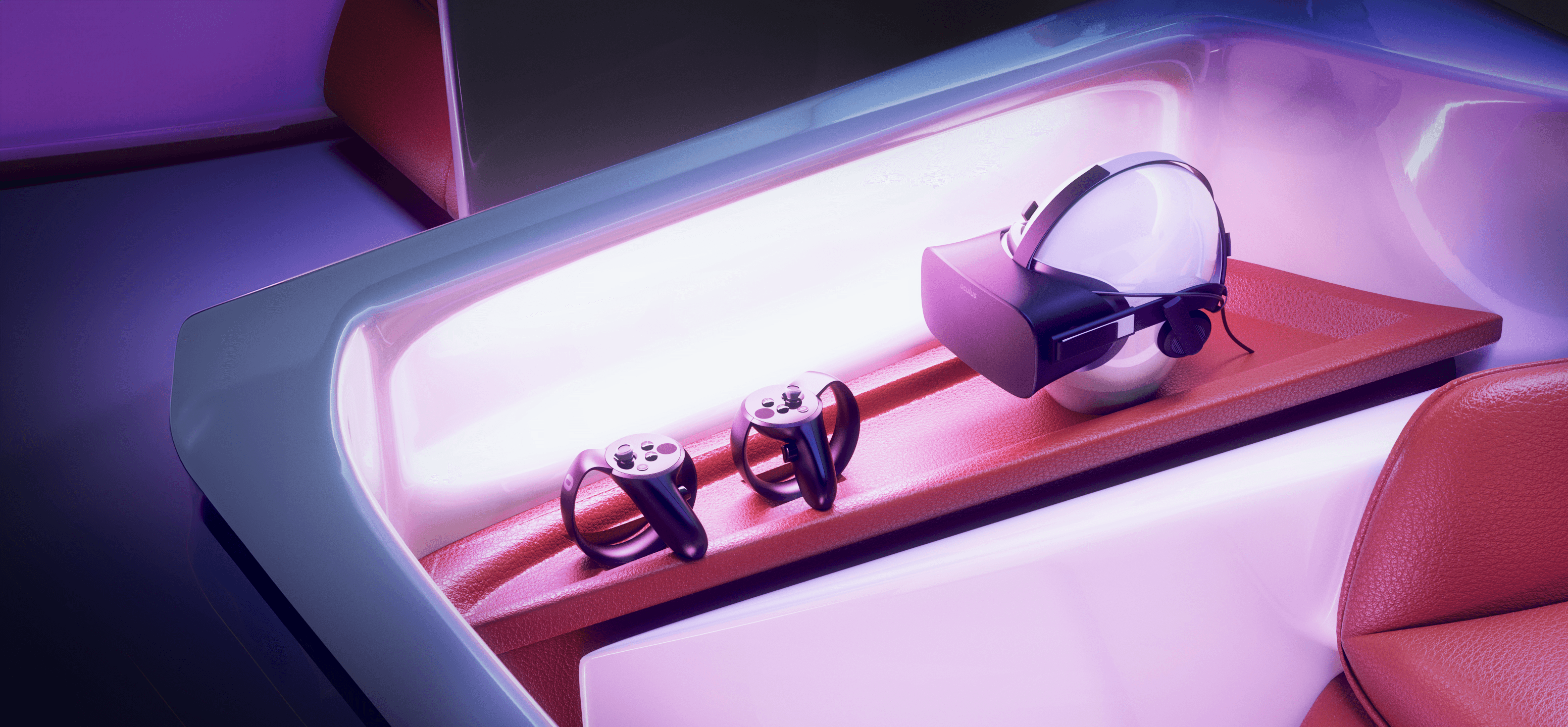 A virtual reality headset and two motion controllers rest on a sleek, futuristic table with ambient purple lighting, showcasing cutting-edge gaming technology.