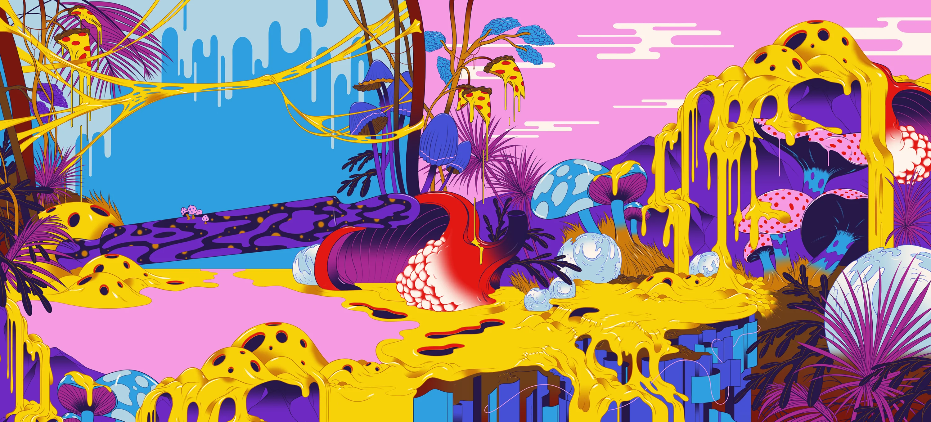 Mellow Mushroom A World of Pizza illustration showing a psychedelic landscape of melting cheese, mushrooms and pizza slices under a pink sky.