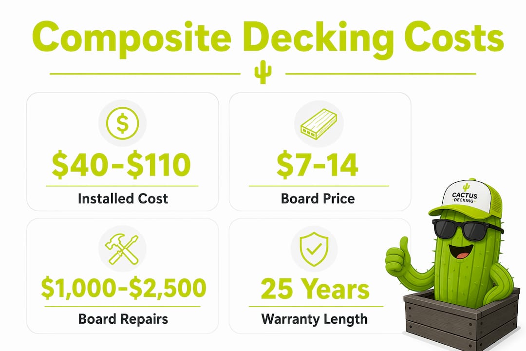 Infographic showing composite decking cost and warranty stats