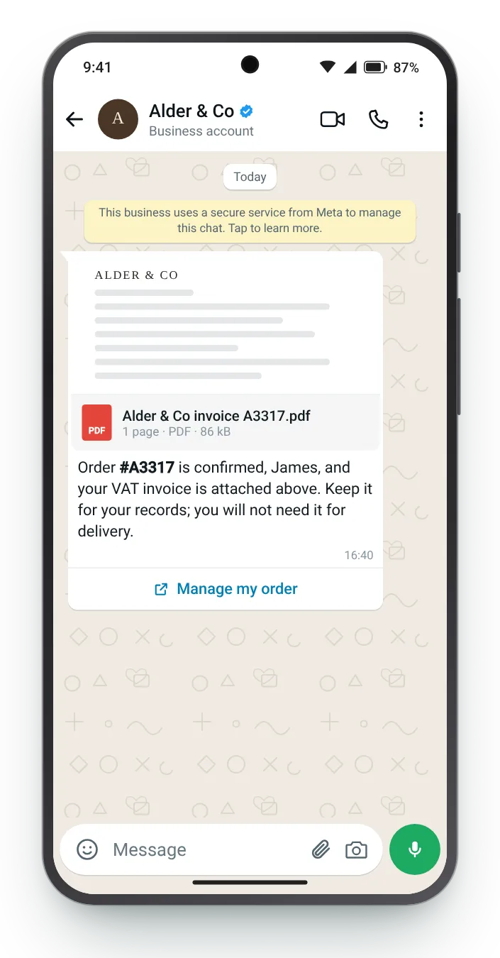 The invoice attached as a document: WhatsApp order confirmation on an Android phone