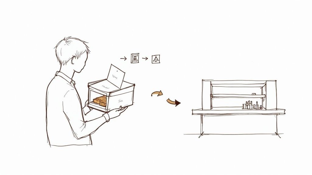 A hand-drawn illustration depicting a workflow, with a person holding a box leading to a shelved display.