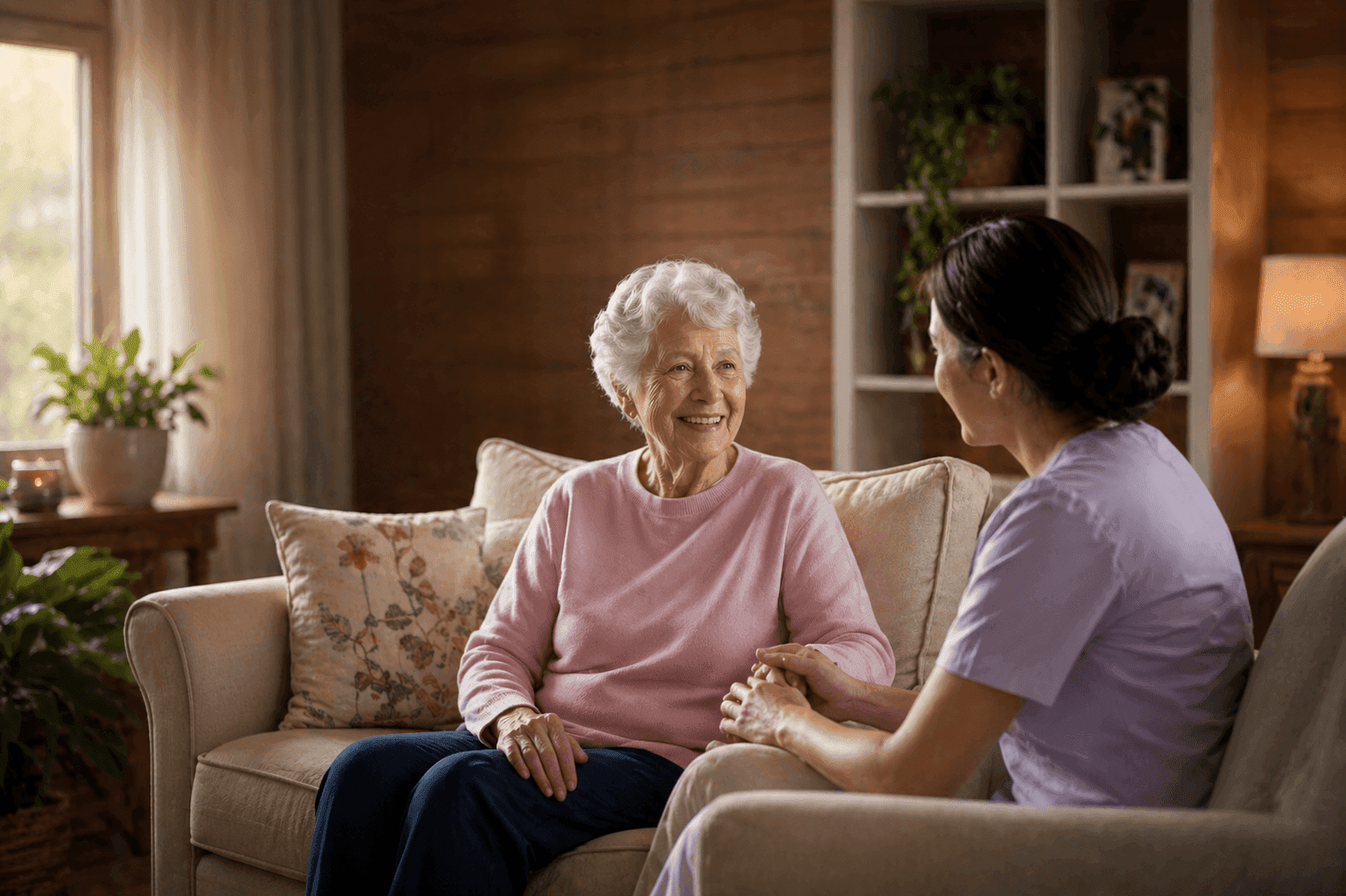 Caregiver and elderly woman sharing a relaxed conversation in a living room