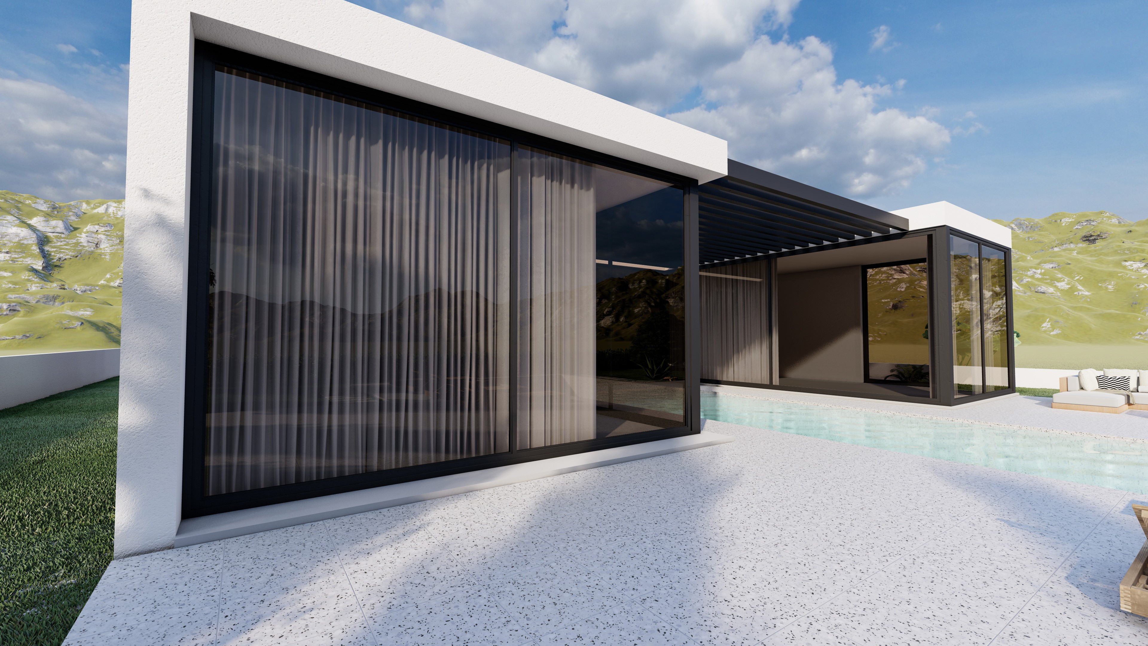 topos design studio - Symmetrical residential facade design with floor-to-ceiling glazing and black-framed apertures, Nicosia, Cyprus