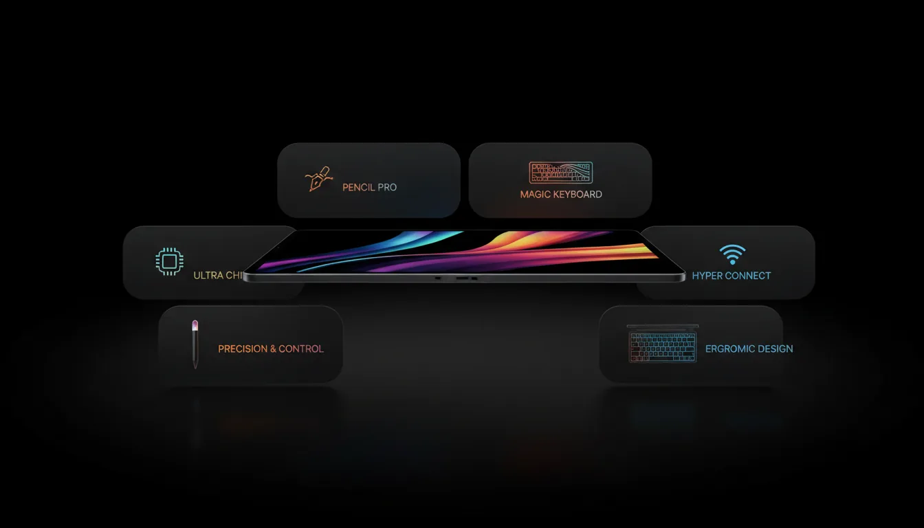 3D product visualization in a sleek, futuristic Apple marketing aesthetic, showcasing a new ultra-thin black iPad Pro on a pure black studio backdrop. The layout is a modular grid of feature callouts. The central image is a dramatic low-angle side profile of the iPad Pro, its glossy screen and polished edges reflecting vibrant, flowing streaks of iridescent light. Surrounding the tablet are rounded rectangular modules containing minimalist icons, stylized placeholder text with orange and blue gradients, and smaller 3D renders of an Apple Pencil Pro and a Magic Keyboard. Soft global illumination creates high contrast and crisp focus on all elements.