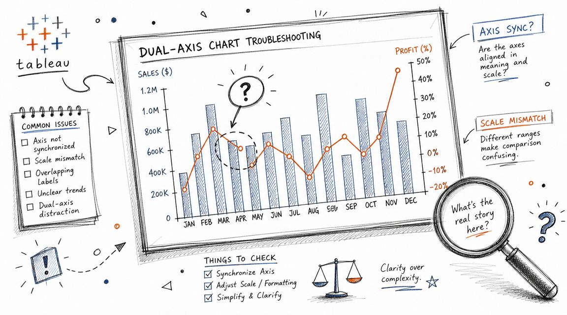 A hand-drawn illustration explaining dual-axis chart troubleshooting tips for Tableau users with common visual design issues.
