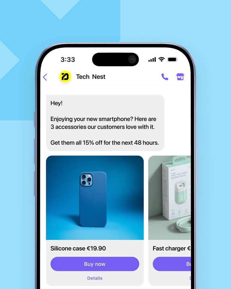 Viber messaging campaign showcasing a personalized message that aims to help a technology e-commerce store upsell after every purchase.