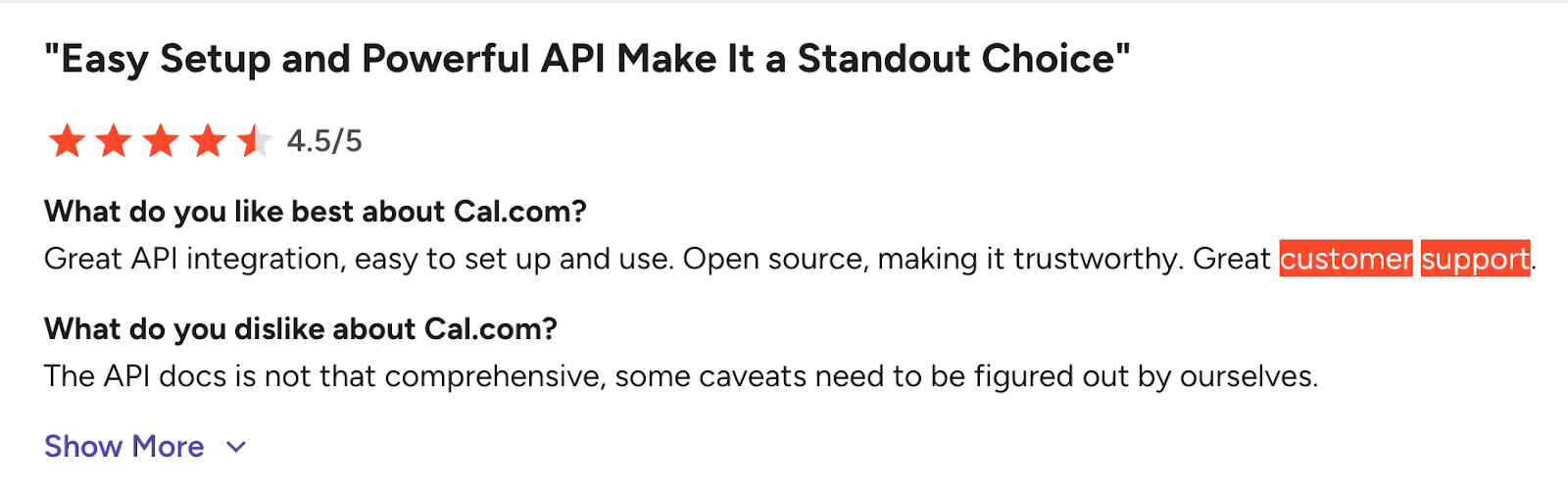 G2 reviewer praising Cal.com support