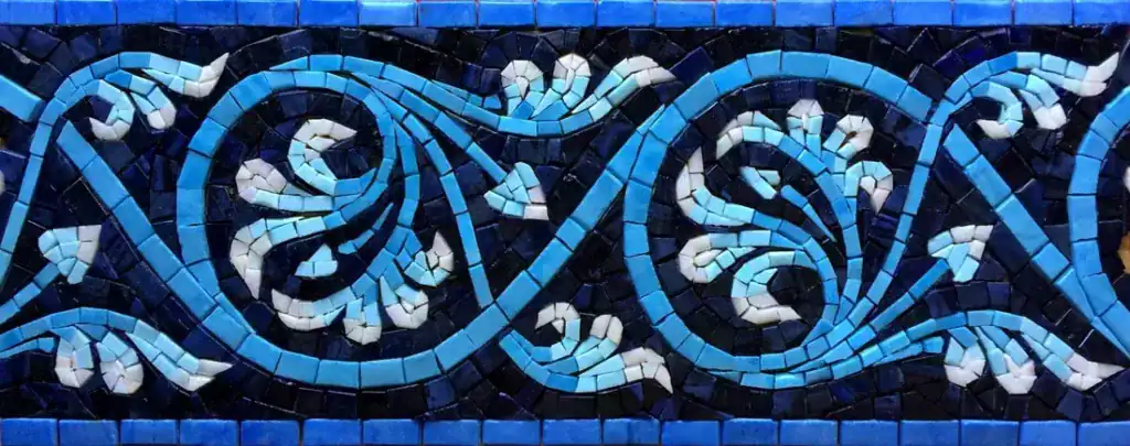 Palmette Vine mosaic border, Turquoise and white on navy, hand-cut — reference H-01, Mosaiclegs Art Studio