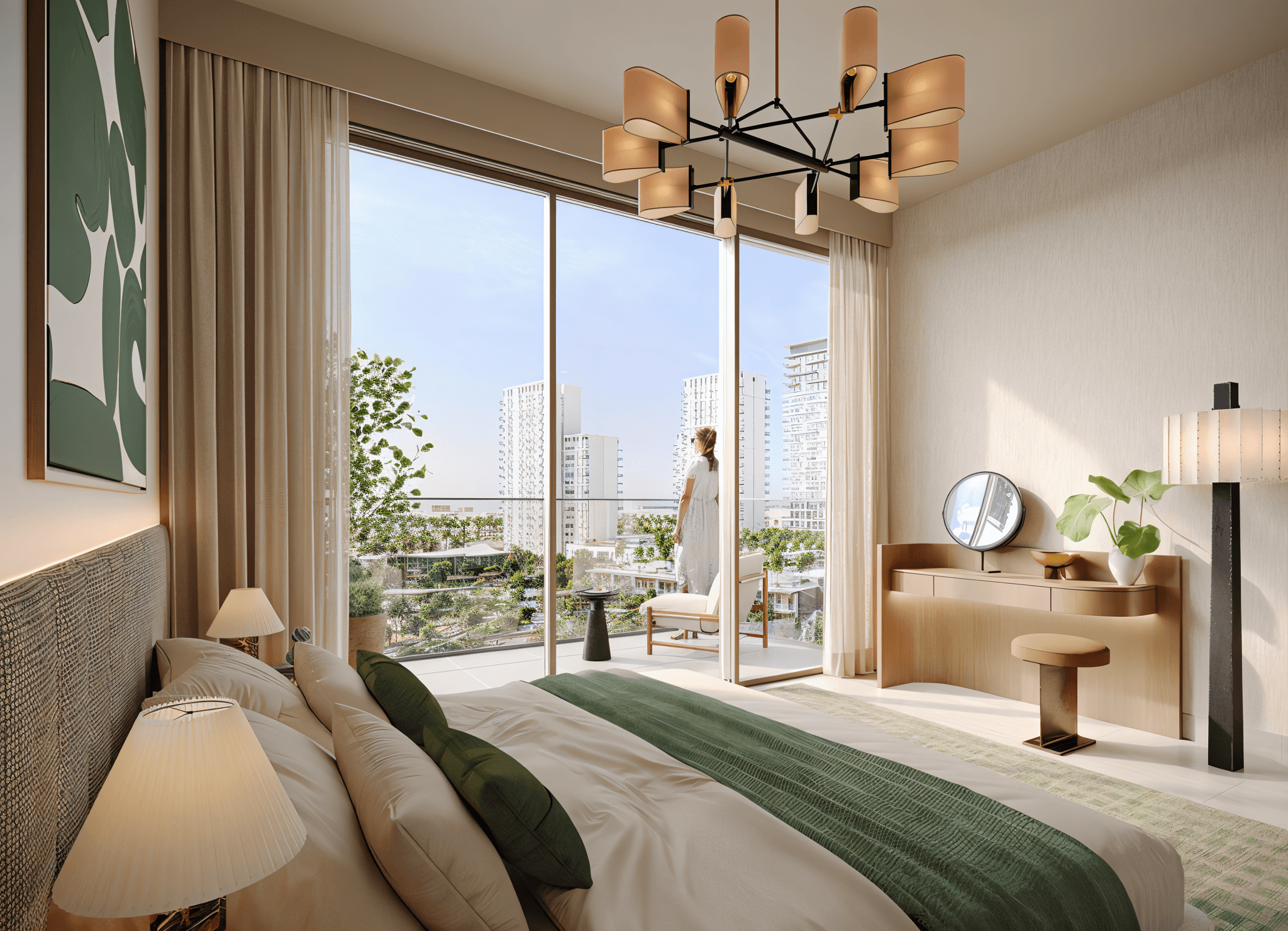  A spacious bedroom featuring a large window with a view of the city skyline at Palace Residences Hillside.