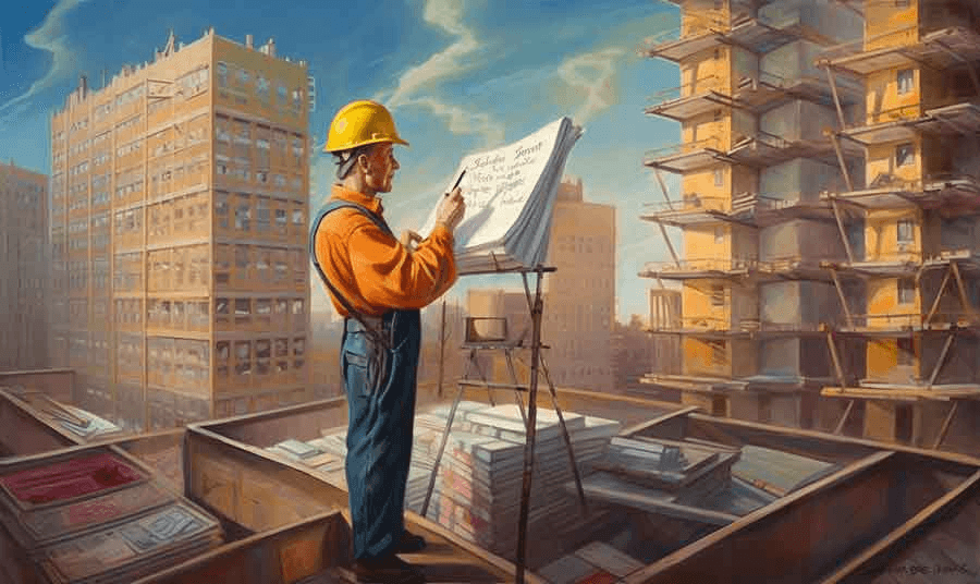Een professionele gebouwbeheerder die een checklist controleert.