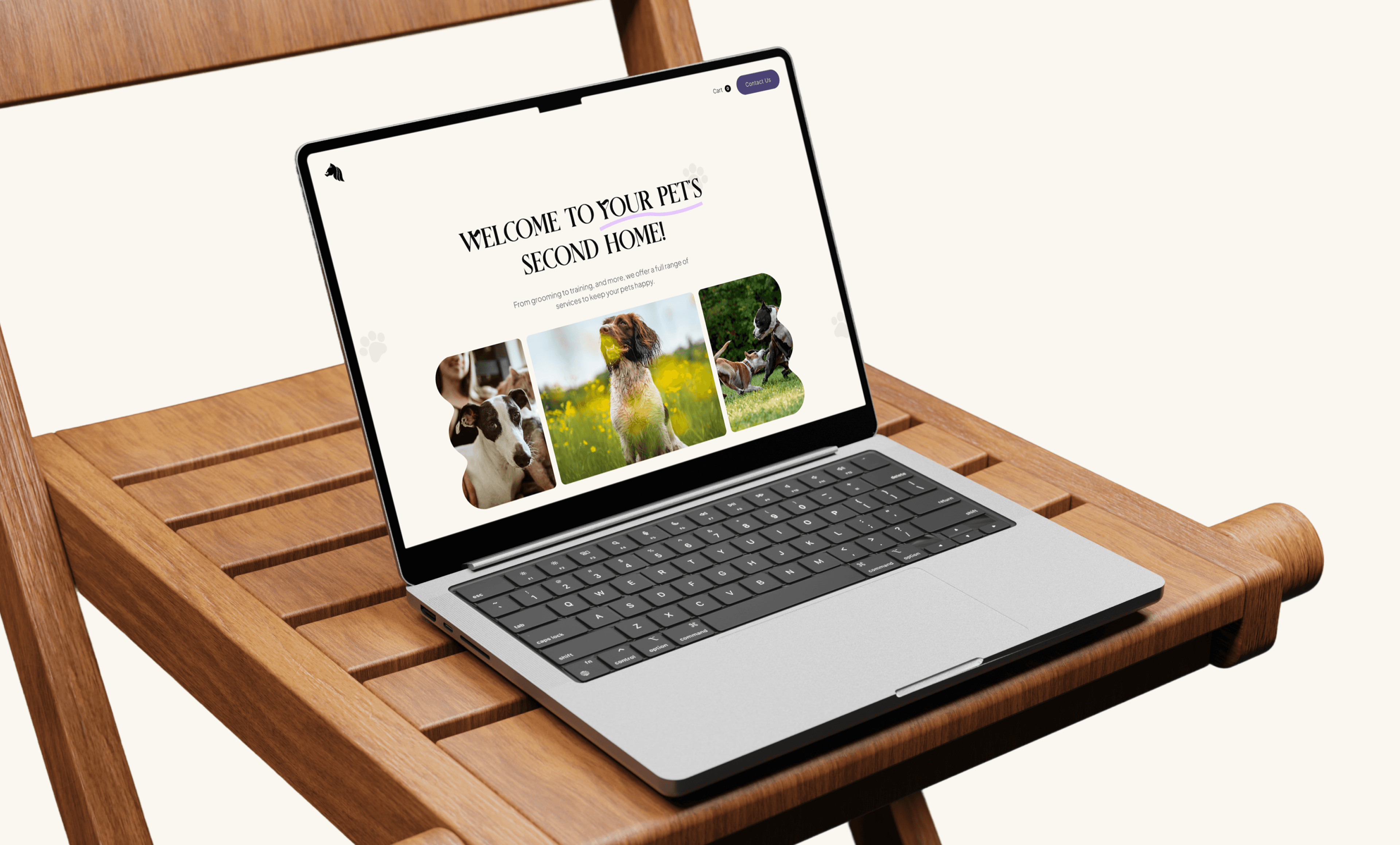 "Modern pet care website displayed on a MacBook, placed on a wooden chair. Showcasing a sleek and user-friendly design for a pet boarding, grooming, and training service."