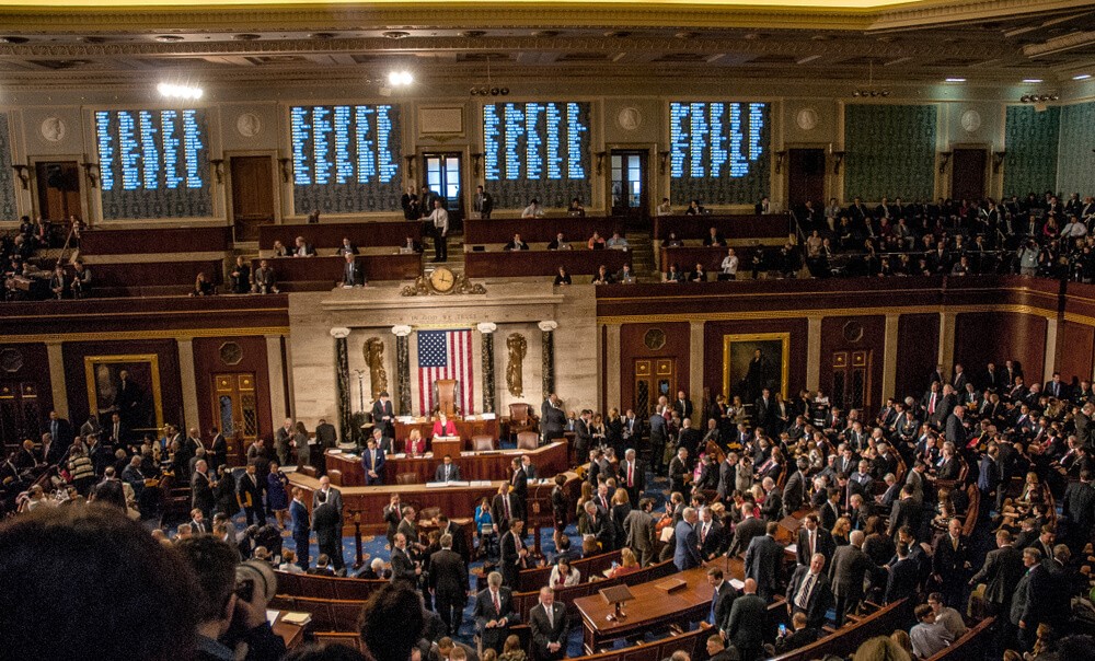 Government meeting with American flag