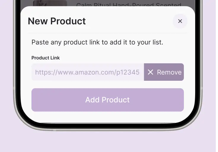 Whisprice New Product sheet with a product link pasted in the input field and the Add Product button