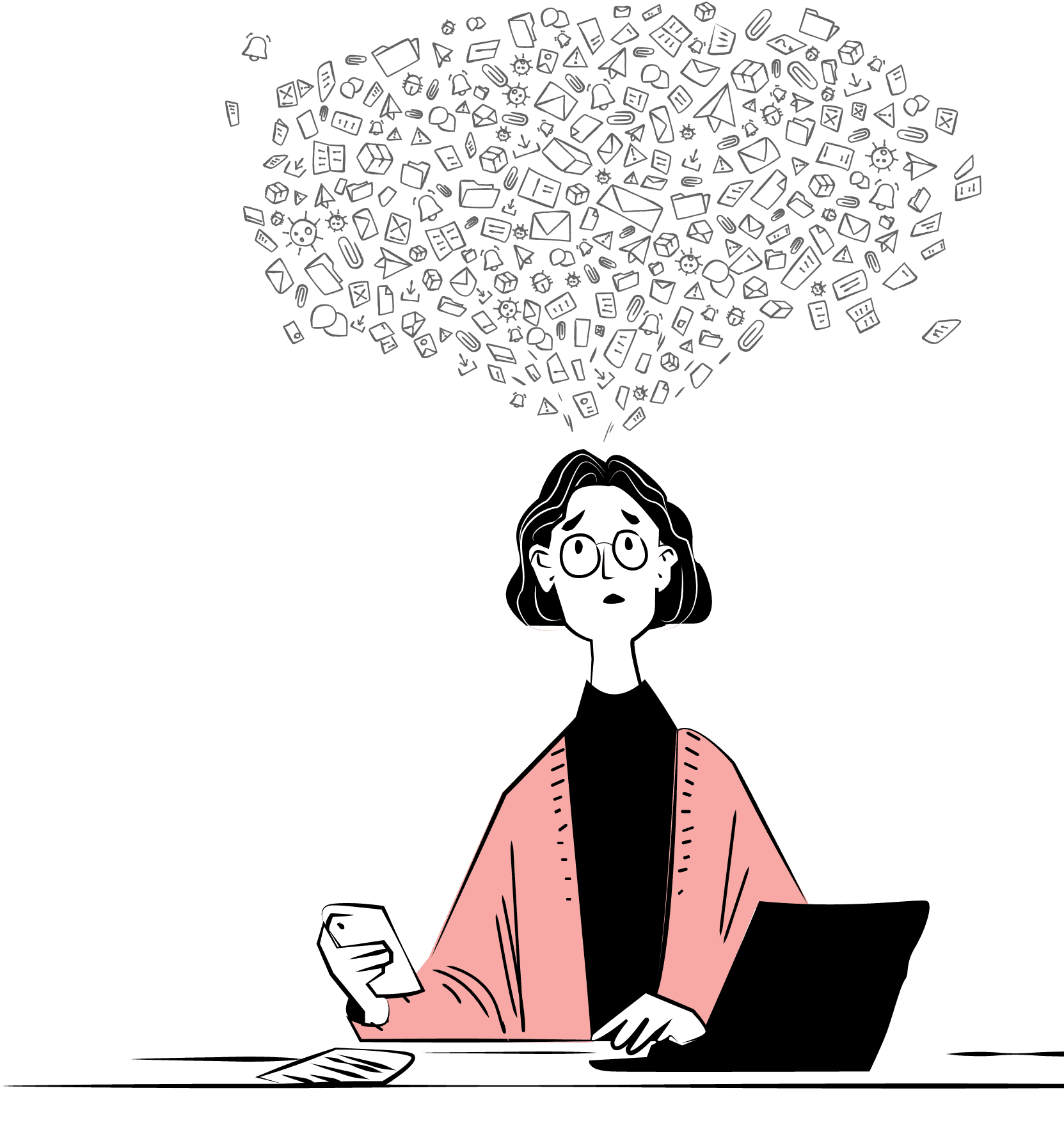 An illustration of a person at a desk looking worried and overwhelmed, with a large, chaotic cloud of email and notification icons floating above their head.