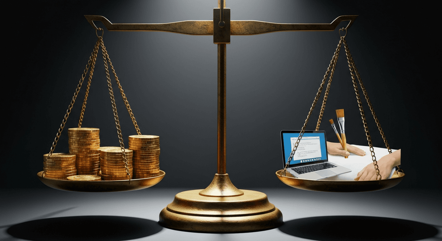 Balance scale with coins and services