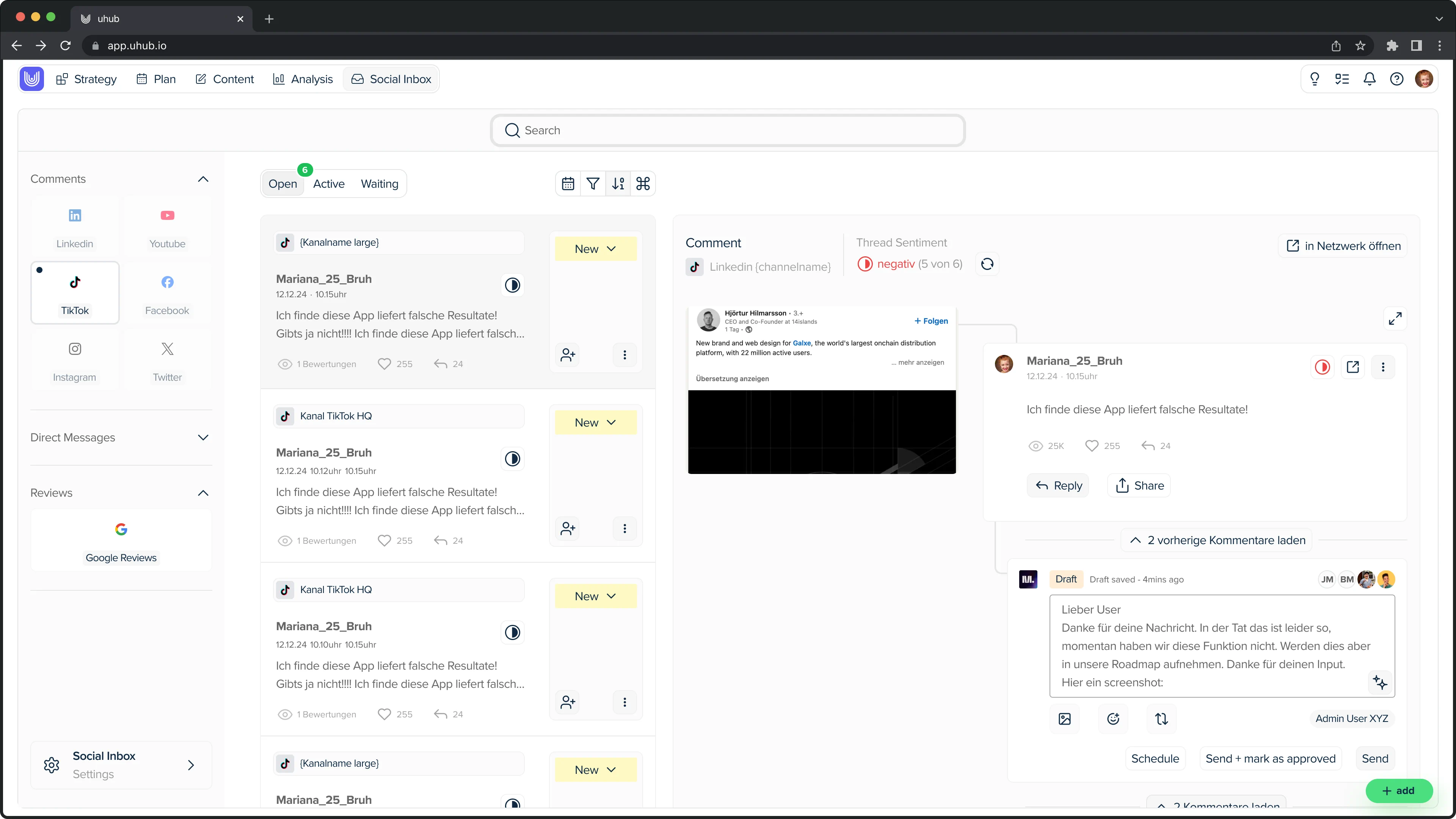 Reply to a comment directly from the uhub Social Inbox without switching platforms