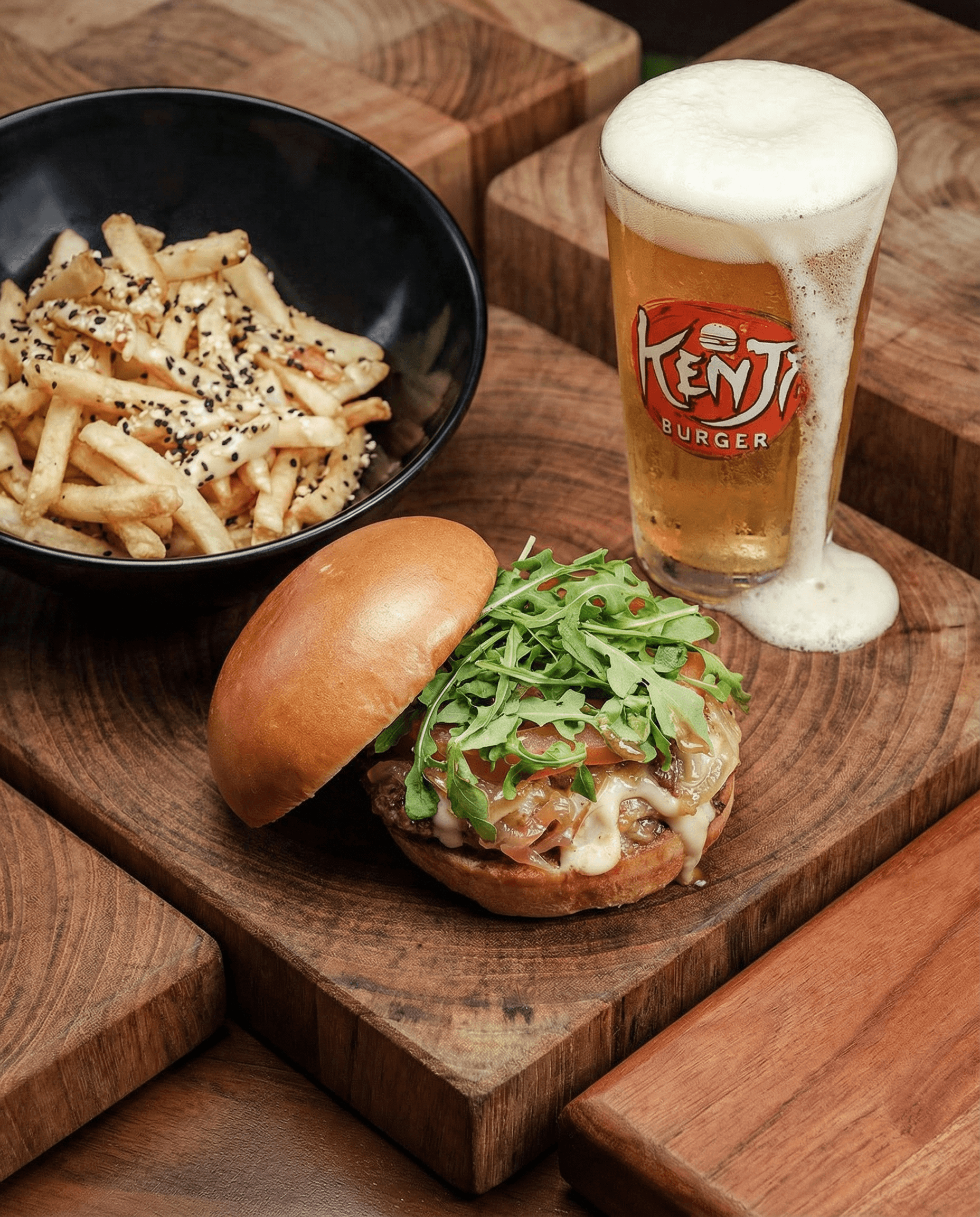 A close-up view of various baked goods on wooden plates, with warm, inviting colors and textures.