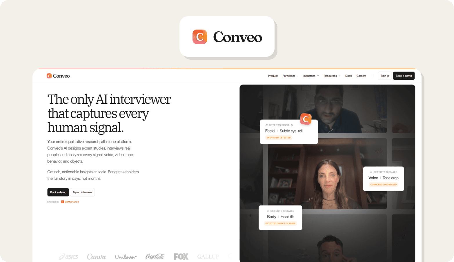 Screenshot of the Conveo website homepage, featuring the headline "The only AI interviewer that captures every human signal." The page shows a grid of video interview participants with AI-detected signal labels overlaid, including Facial (subtle eye-roll), Voice (tone drop), and Body (head tilt). The Conveo logo — an orange "C" icon — appears above the browser screenshot. Brand logos including ASICS, Canva, Unilever, Coca-Cola, and FOX are visible at the bottom.