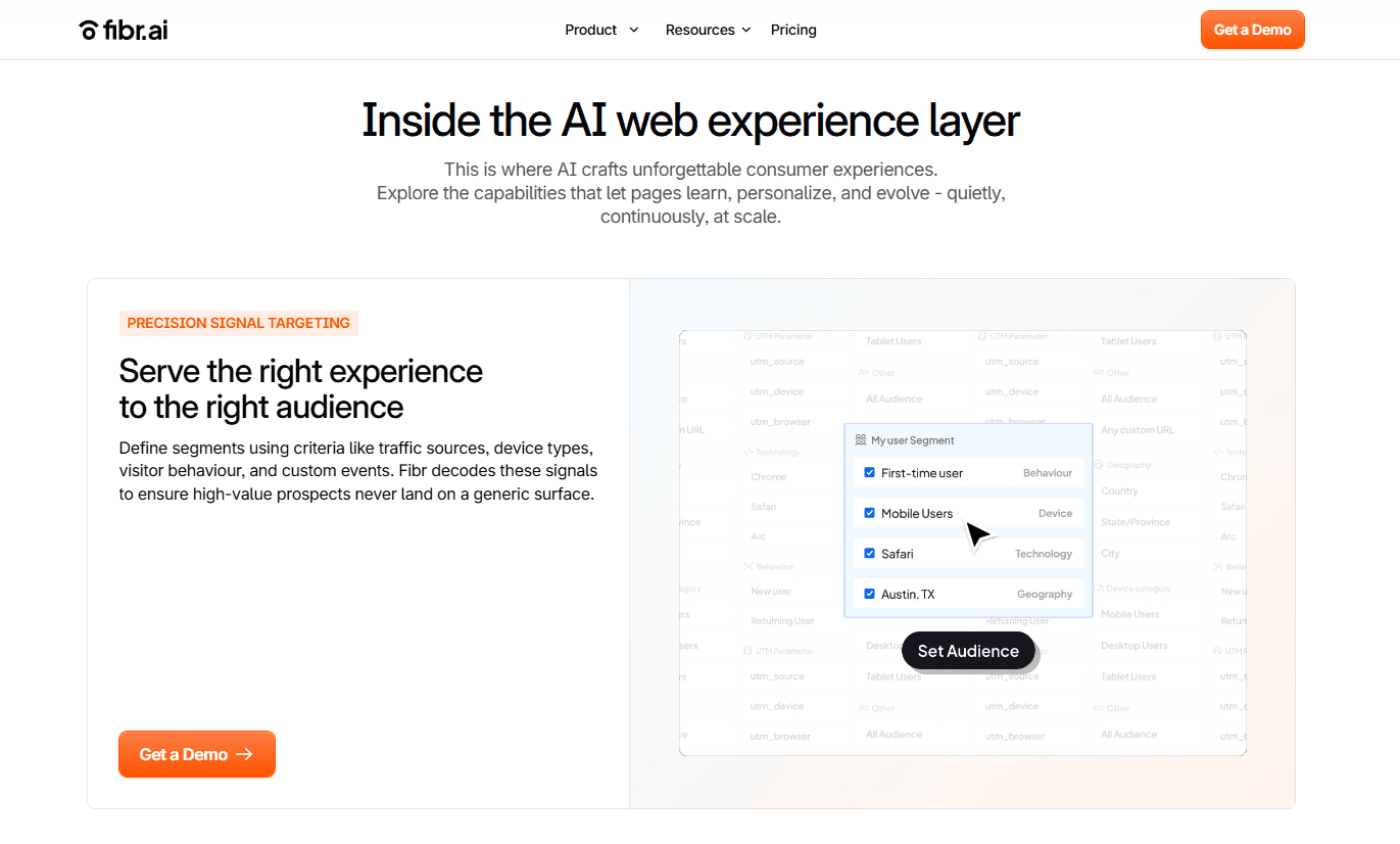 Fibr AI web experience layer dashboard showing precision signal targeting to personalize website experiences based on visitor behavior, device type, location, and traffic source.