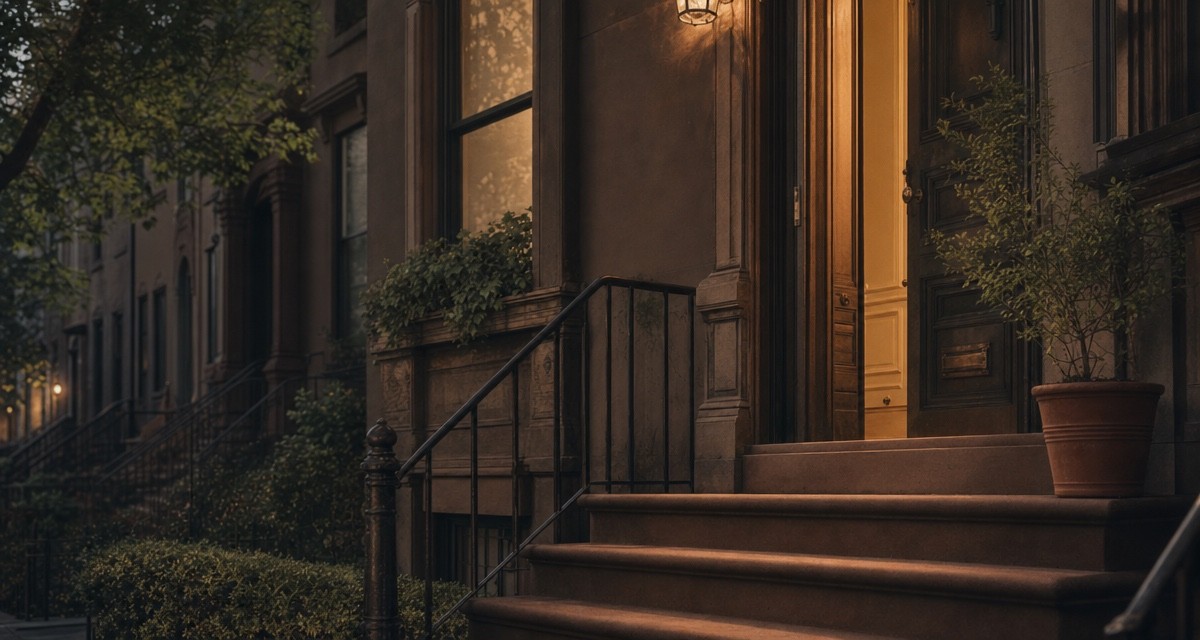 A brownstone stoop at dusk with warm light from the doorway