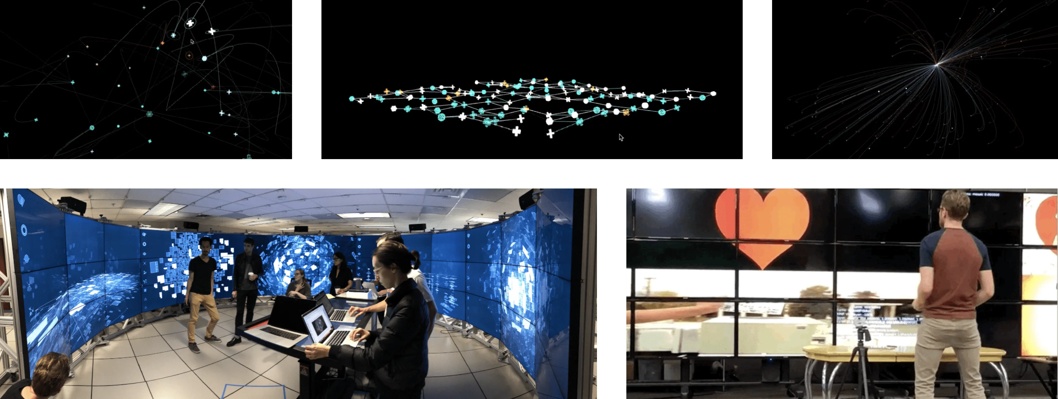 A five-panel collage showing prototyping and testing at scale: three panels of data visualizations rendered in Processing — node graphs, network meshes, and radial data bursts on black backgrounds — alongside the team working inside the 290-degree immersive room with blue generative visuals projected across the curved walls, and a team member testing gesture-based interaction with content displayed on the large-format screens.