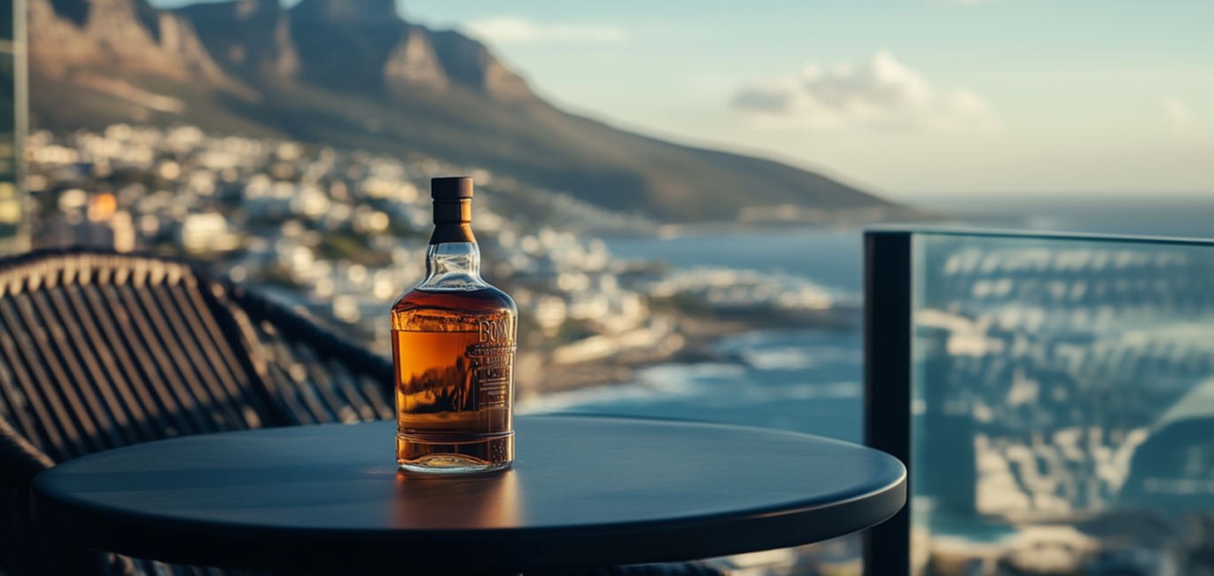 bourbon bottle on side table with background of coastline in Cape Town, South Africa